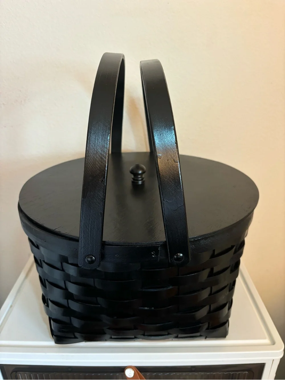 Vintage Amish Double Pie Woven Basket w/ Wood Lid, Fabric Liner & Swing Handles